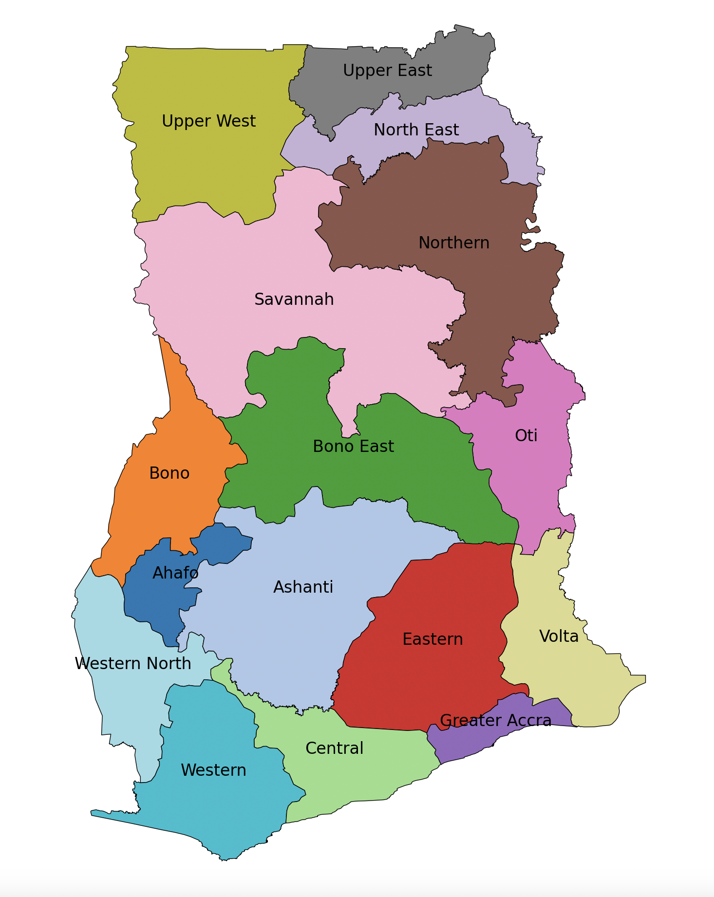 A map of Ghana showing the 16 administrative regions