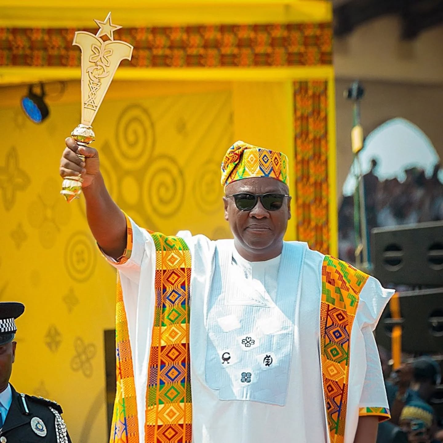President Mahama's inauguration day dress, featuring Adinkra symbols (Sankofa, Gye Nyame, Nyame Dua, Dwennimmen) and Kente (Mmere Pa Da W'anim)